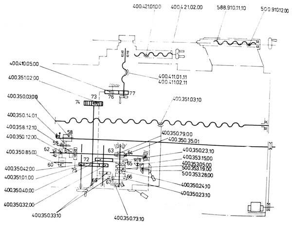 Кінематична схема фартуха та задньої бабки токарно-гвинторізного верстата SN-402, SN-502 SN-402, SN-502 Схема кінематична фартуха та задньої бабки токарно-гвинторізного верстата